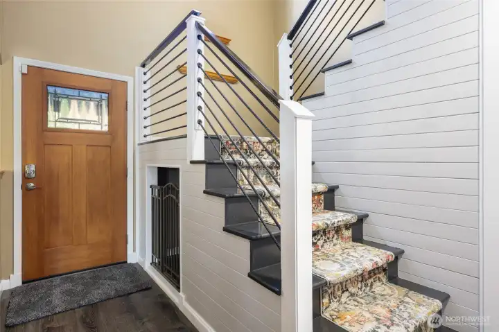 Fun carpeting on stairway, leads to all bedrooms.