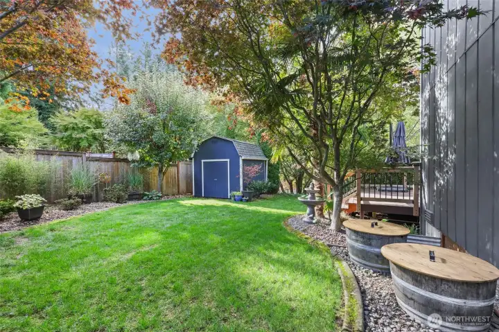 There are 2 storage sheds in the side yard. This is shed #1 (larger). Made of wood construction. Other shed on the West side of home is a plastic shed. Back and side yard is fully fenced.