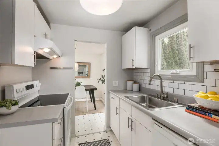 The kitchen has a surprising amount of storage and counter space.