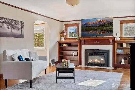 Living room with built in shelving