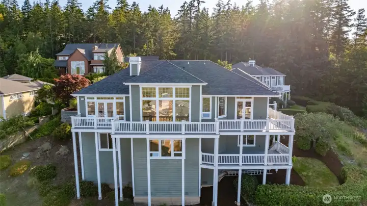 Exterior view of this grand home perched high above it all.