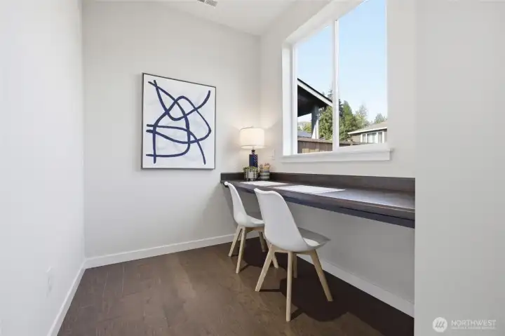 A built-in workspace creates the perfect spot for homework, recipes, or working from home.