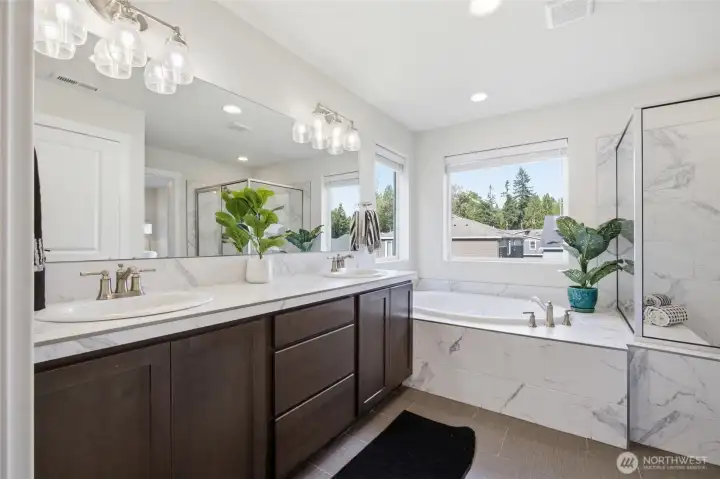 Dual vanities provide plenty of room to start each day with ease.