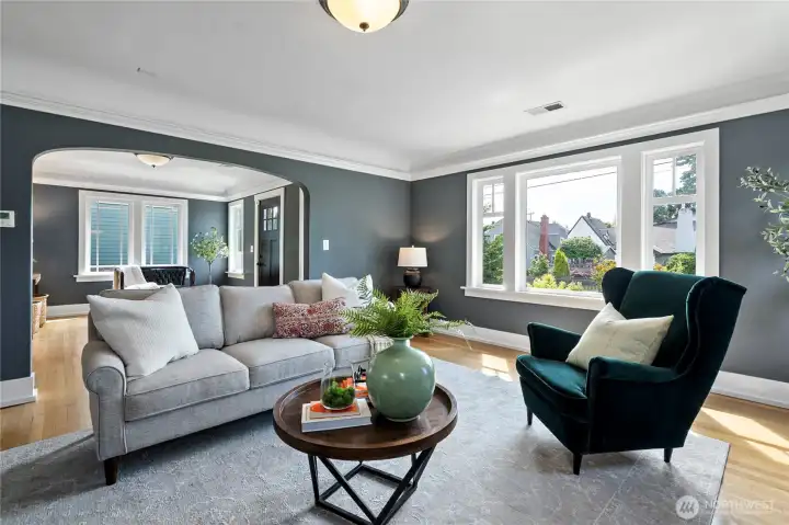 Spacious formal living room with coved ceiling