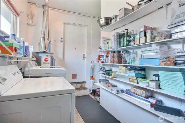 Wall of shelves provide storage space