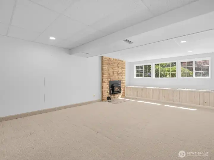Lower Level Family Room with second fireplace, and built in bench seating. This room has a slider leading directly out to the backyard