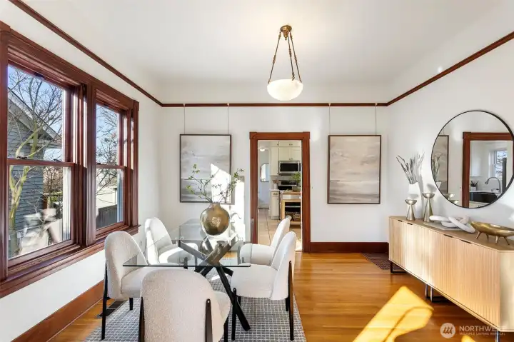 The dining room is spacious enough for a large dining table and buffet.