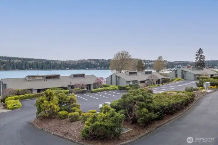 The mature landscaping blooms in early spring and is attractive all year.