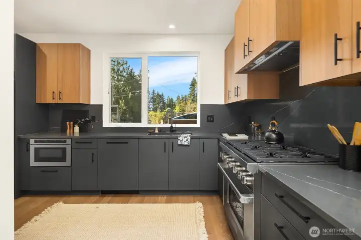 Gas Stove and Custom Hood, Integrated Dishwasher, French Door Style Refrigerator