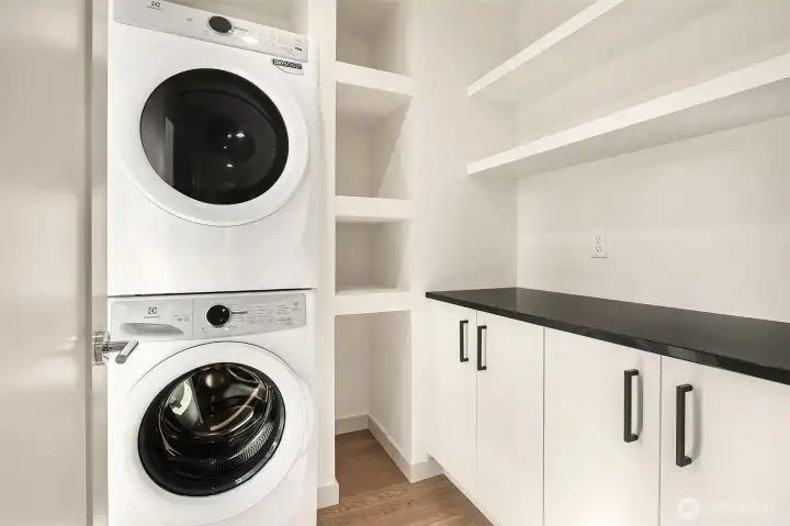 Laundry Room with Custom Cabinetry and Shelves- Washer and Dryer Provided