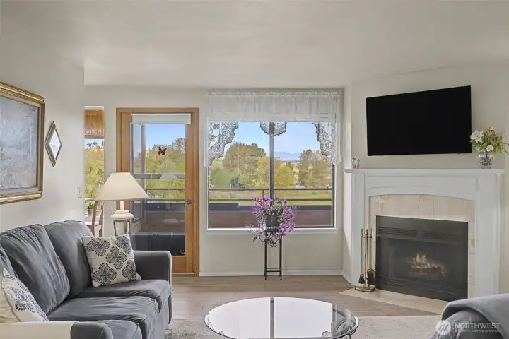 Living Room with mountain views and wood burning fireplace