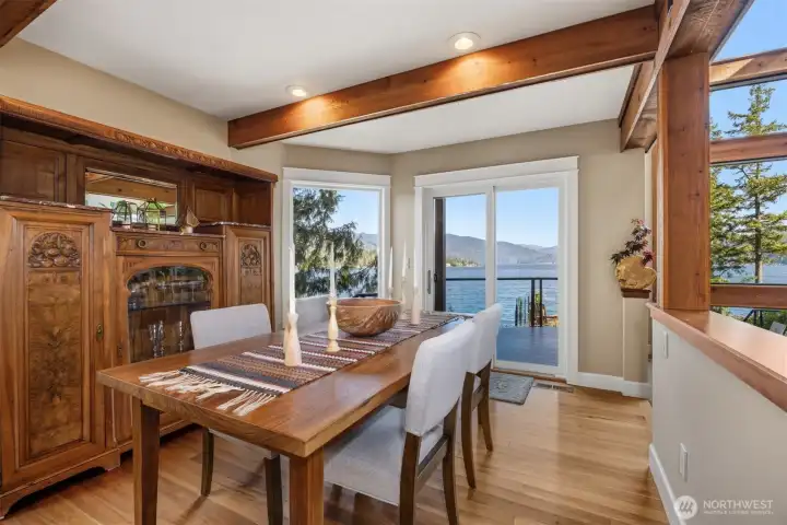Beautiful dining room with patio access to decks.