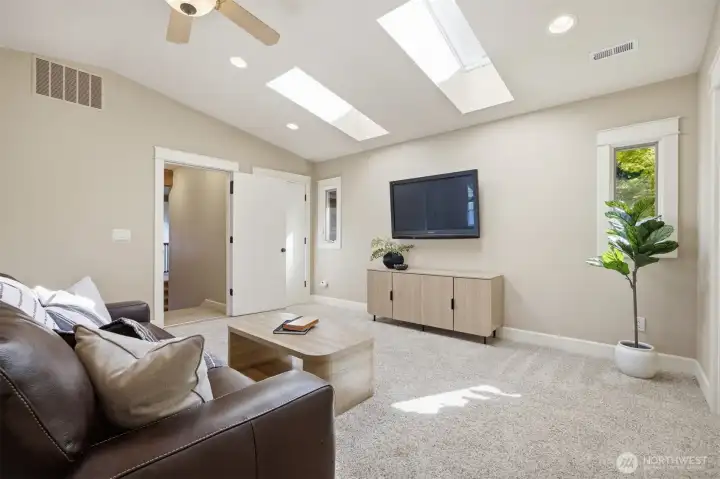 Skylights and patio elevate the space.