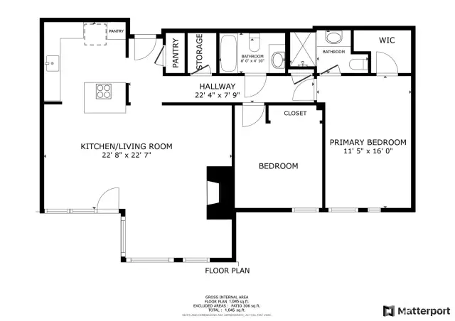 Convenient outside, dedicated parking space to the left of Kitchen/Living Room. Exterior Patio extends along the width of the Kitchen/Living Room. Two entries: ground level off patio (bottom of plan) and (top of plan).