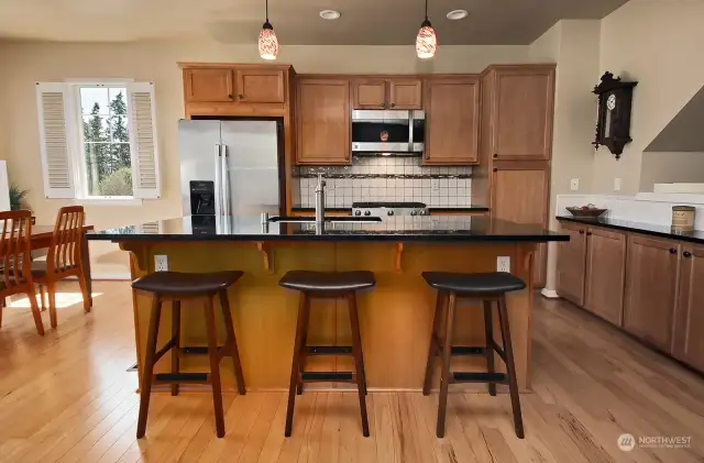 Updated kitchen with granite countertops, tiled backsplash, and a new propane stove & dishwasher.  Open floor plan is perfect for entertaining.