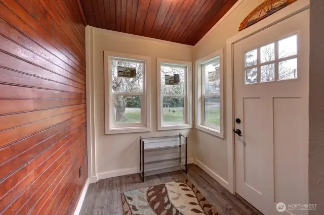 Front entry with repurposed beadboards