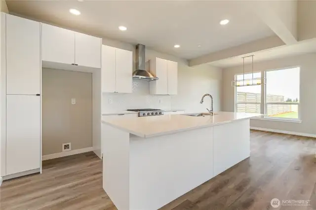Kitchen feature counter height island with stainless range & dishwasher.