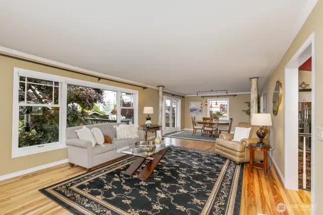 Spacious living room with gas fireplace.