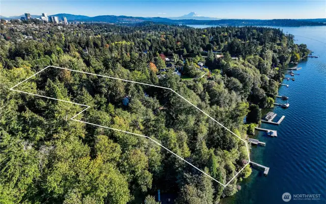 Outlined against the shimmering blue of Lake Washington, this aerial view reveals the full scale of Evergreen Lakeshore Preserve’s extraordinary 1.74-acre setting—nearly 300 feet of private shoreline nestled within a secluded forest canopy. This is a rare opportunity to own one of the largest privately held residential parcels on the western shores of the lake. With commanding views south to Mount Rainier and west to the towers of downtown Bellevue, the property offers both expansive possibility and intimate retreat, a place where nature, legacy, and luxury converge.