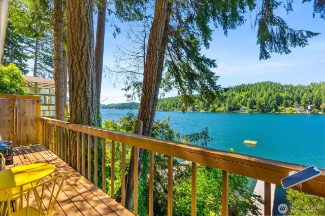 Deck view overlooking Summit Lake with deck railing and filtered tree views.