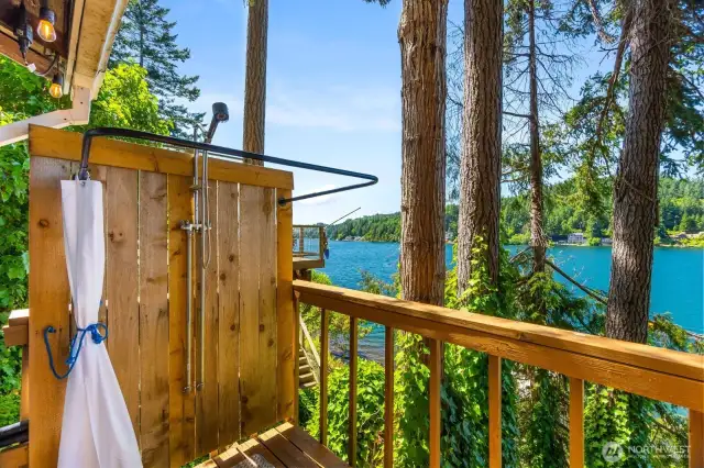 Outdoor shower on the deck, enclosed with wood paneling, large shower curtain, modern shower head, and forest backdrop.