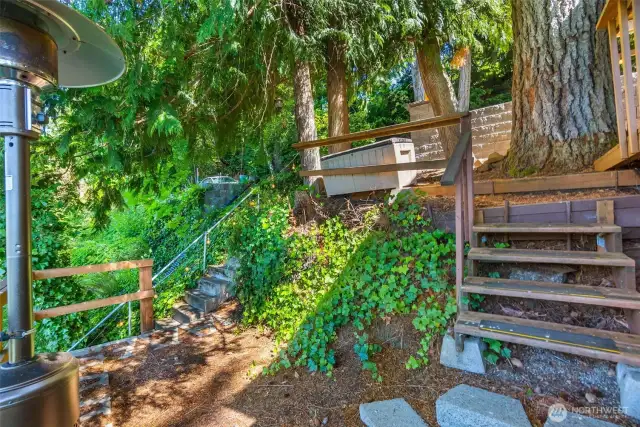 Terraced outdoor area, with propane patio heater.