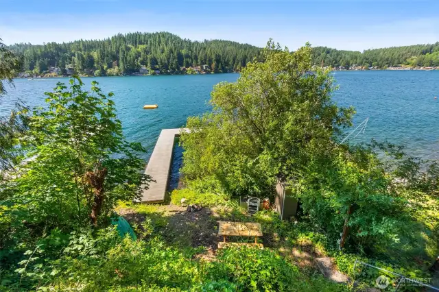 Bird’s-eye view of dock and deep water frontage with mature trees.