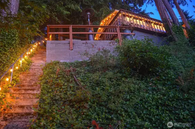 Evening view with string lights softly framing the stairs and outlining the cabin roofline against the trees.