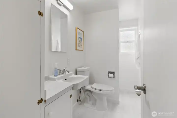 Lower level 3/4 bathroom, shower in the back left.