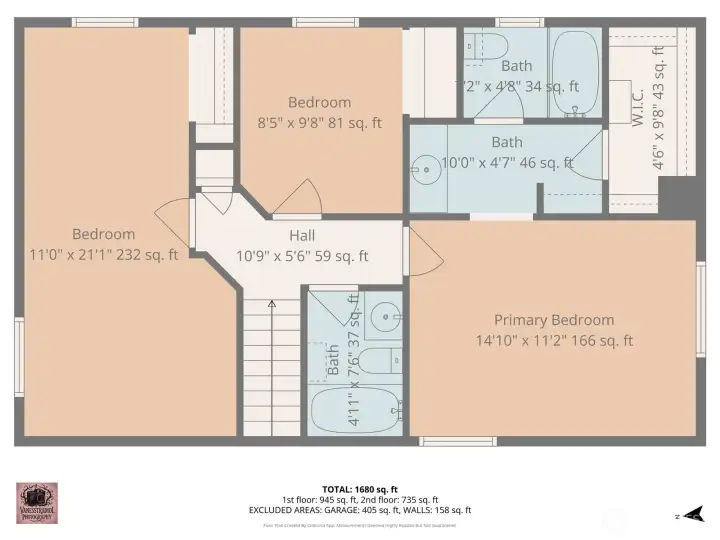 Upstairs Floorplan - measurements are approximate; see the assessor's site for more accurate data.