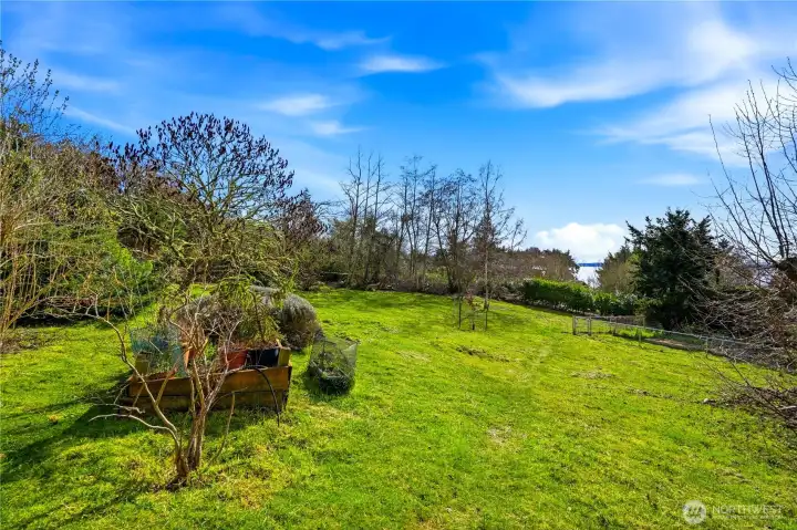 The yard extends further, with a fenced area containing raised beds and a vegetable garden.