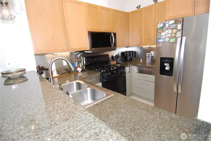 Updated kitchen with Stainless DW, refrigerator and gas range