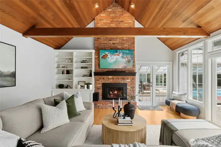 Gas fireplace anchors this lovely space.
