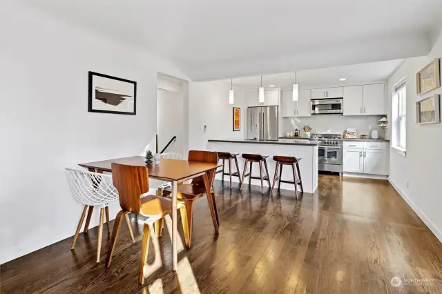 Great light on the main floor. Perched up above the street for privacy. Open concept kitchen, dining and living room.