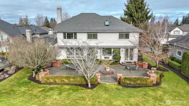 Trees provide privacy on the spacious patio