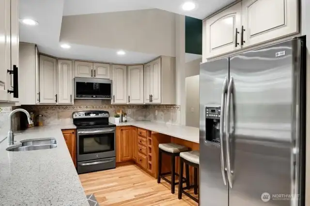 Kitchen with GE appliances.