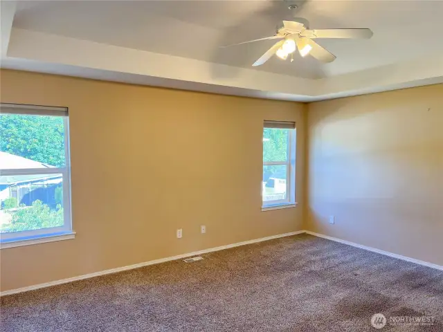 Primary big bedroom graced with a tray ceiling, two windows and ceiling fan.