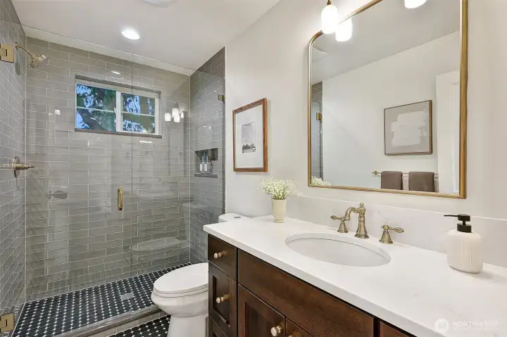 Primary bath with tile radiant heat floors.