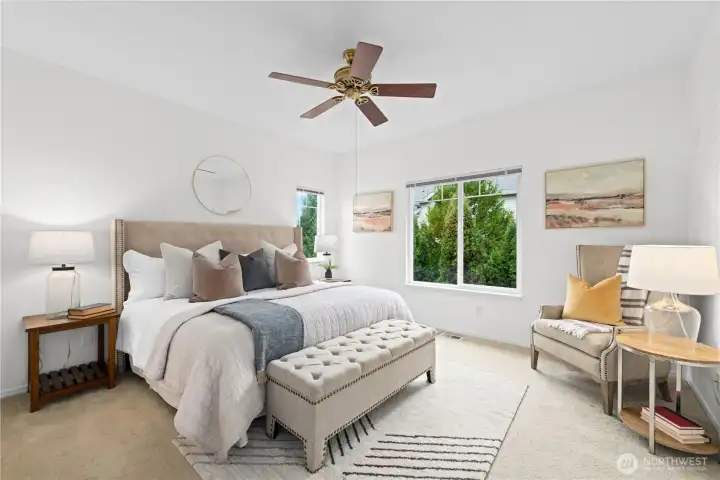 The ensuite primary bedroom is quite spacious with a northwest orientation.