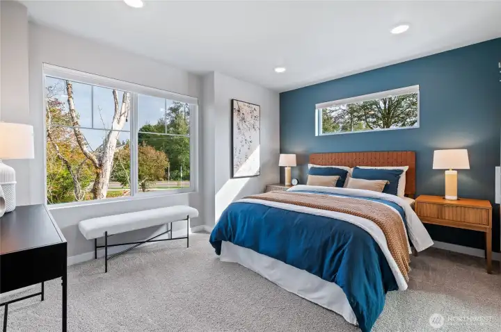 Spacious primary suites with walk in closets.  Photos are of model home in the community.