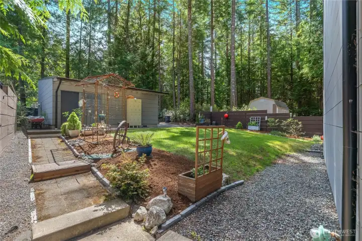Gentle steps connect the garage to the home.