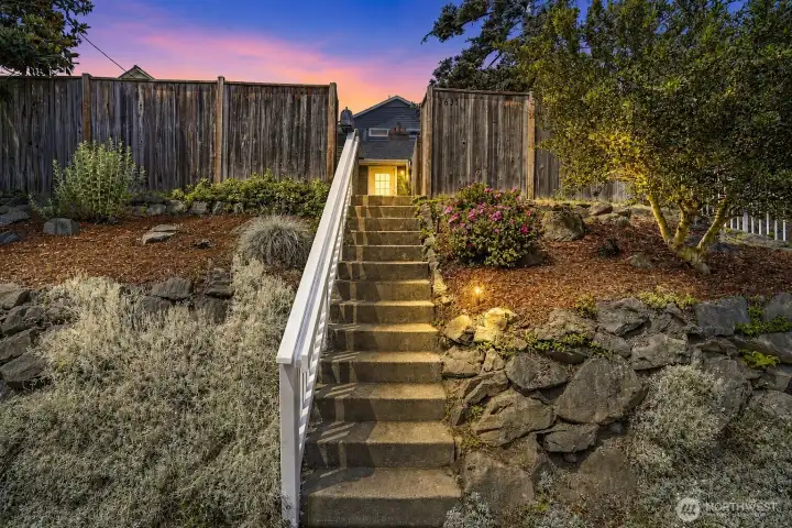 Terraced Garden stairway to quiet above street setting. Digitally enhanced twilight.