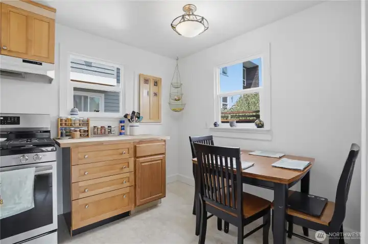 Kitchen with eating area. Newer gas oven/stove.