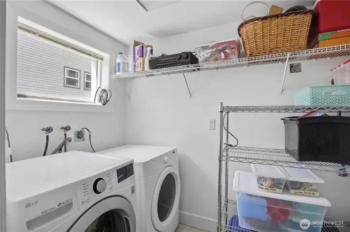 Laundry room with extra storage and back door.