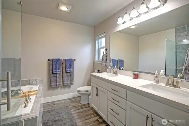 -& a primary bath w/ walk in shower, dual vanity Quartz countertops...