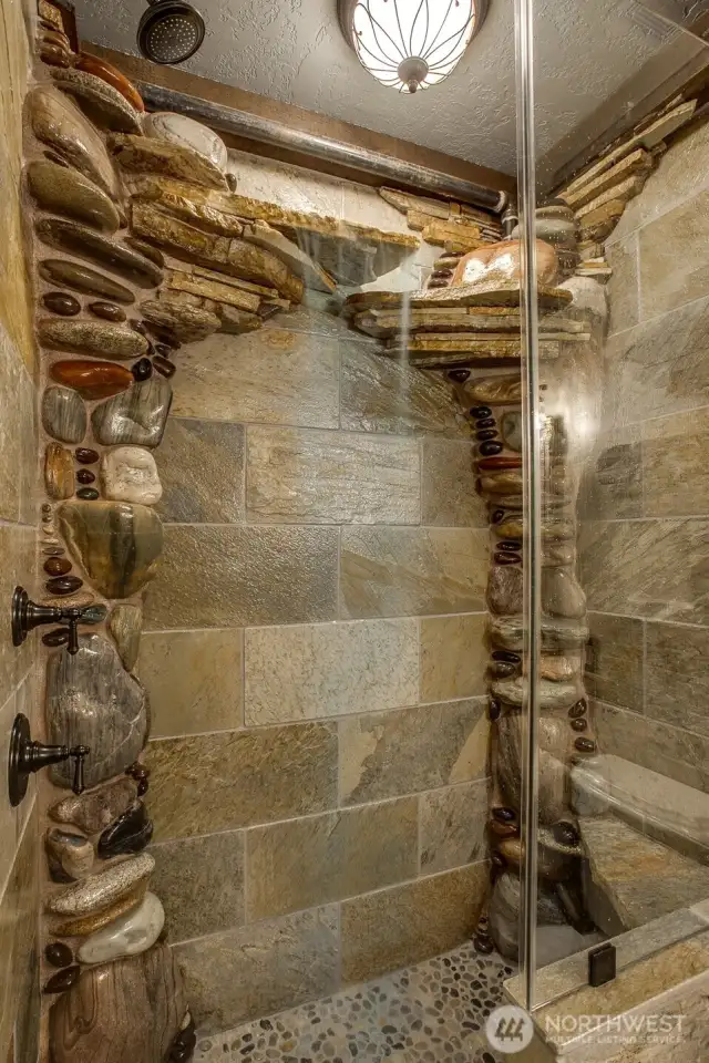 Incredible Stone, Waterfall Shower featured in the Olde Rose Suite