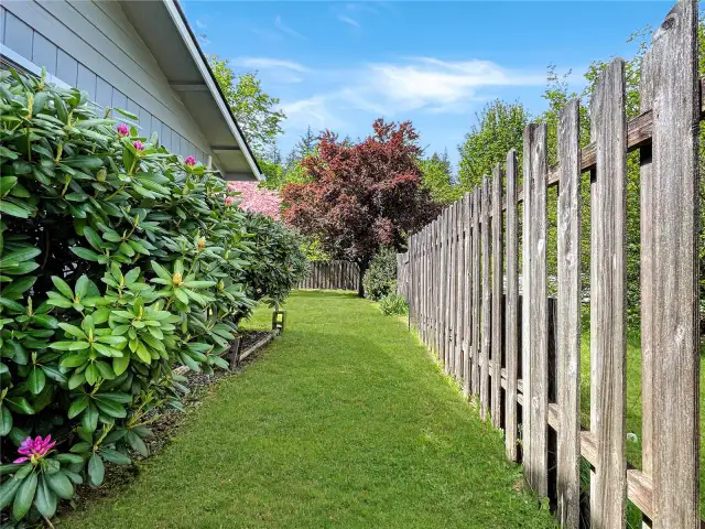 Right side of garage and fenced side.