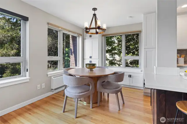 Dining table with built-in storage & window bench