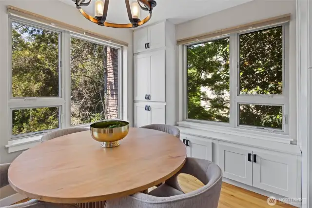 Window bench surrounded by peaceful foliage