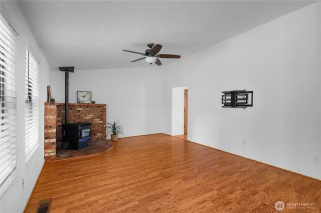 Pellet stove just 2 years old. Great for cozy evenings in the winter months. Hunter ceiling fans installed in the home.